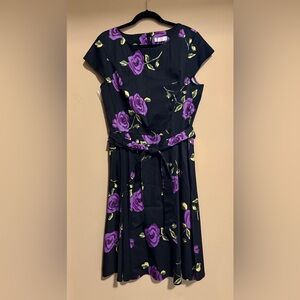Women's Black Fit and Flair Midi Dress with Purple Rose Print and Waist Tie 2X